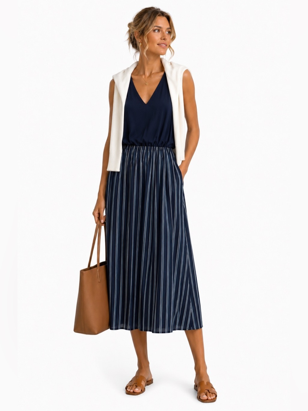 Navy V-Neck Sleeveless Striped Midi Dress